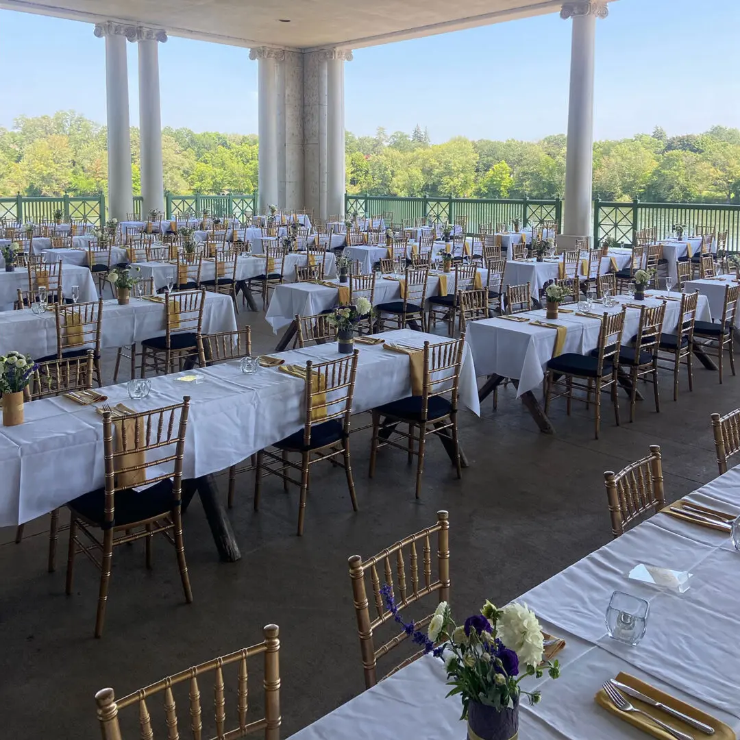View of tables decorated for a catering event