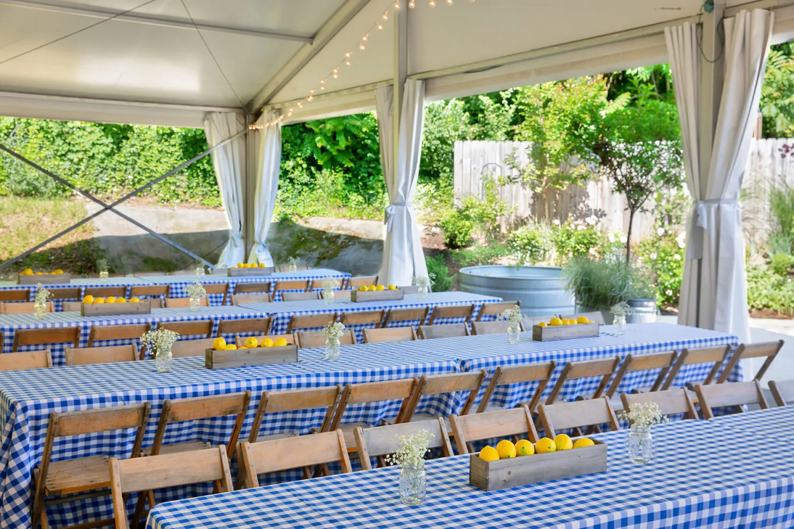 View of tables decorated for a catering event