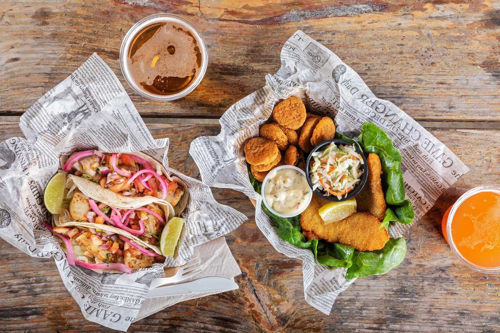 Overhead shot of fish & chips and taco basket