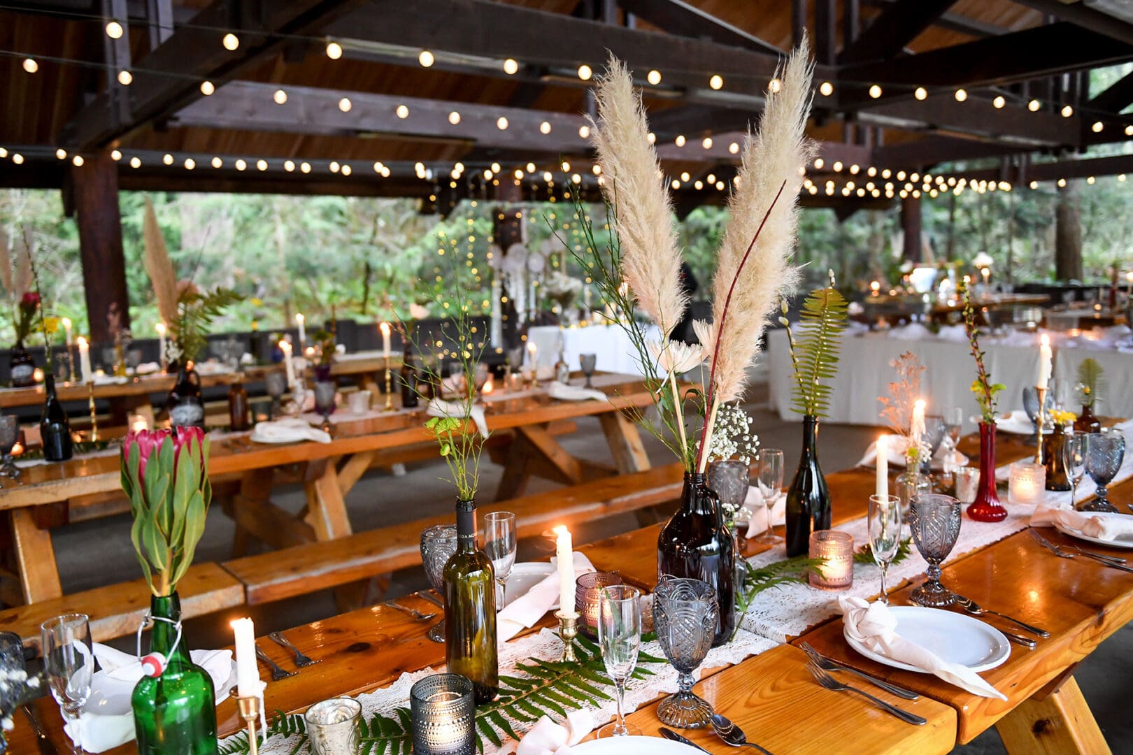 View of tables decorated for a catering event